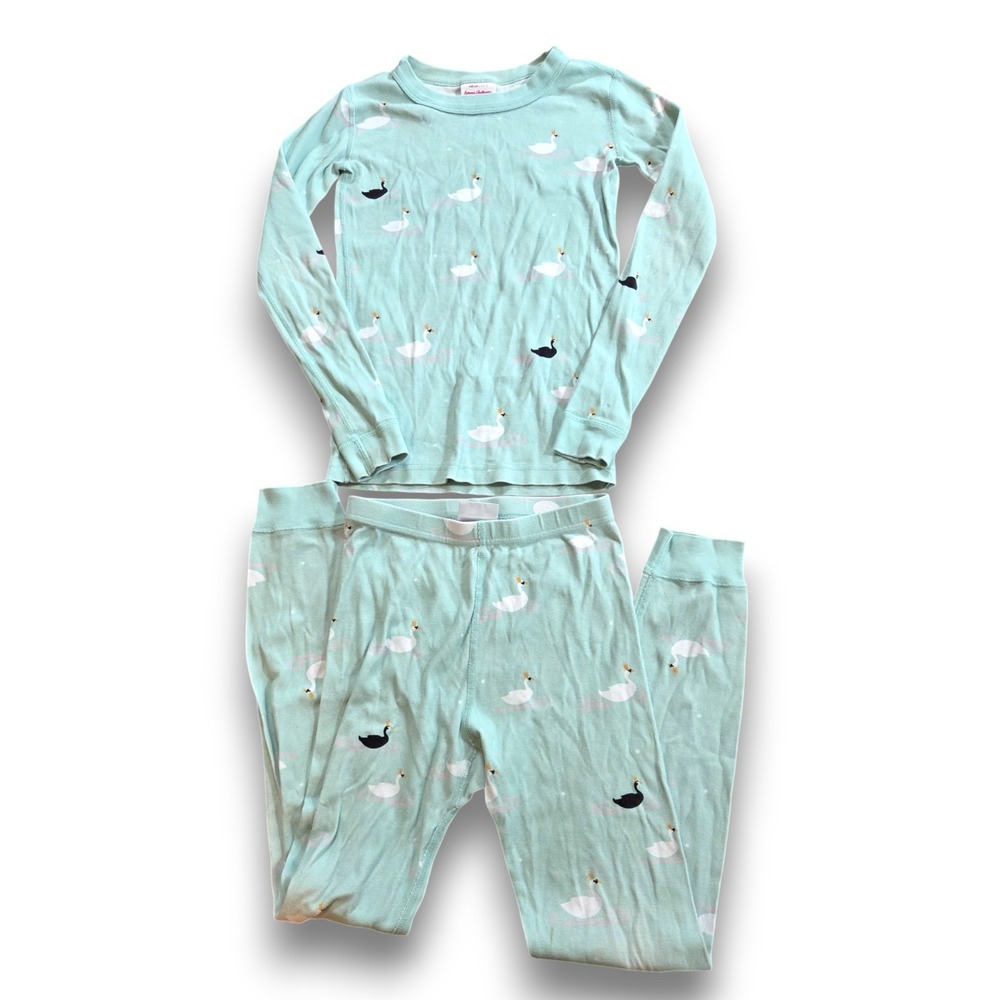 Hanna Andersson Blue Swans Black White Long John Pajamas Kids Girls 140 US 10